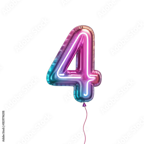 Vibrant number four neon balloon glowing with pink and blue light. fun font for happy party celebration, birthday, or anniversary event
