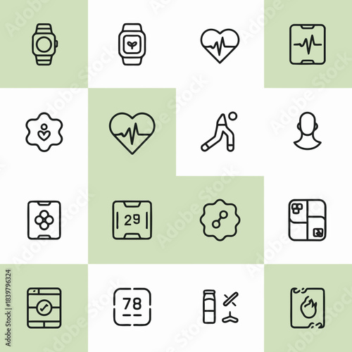 Set of medical and health icons including fitness, heart rate, medication, and health monitoring symbols