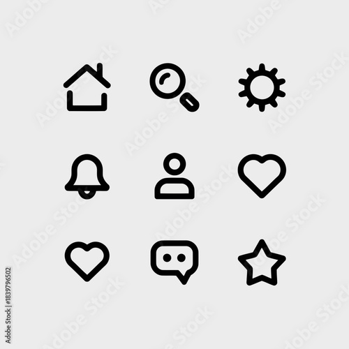Set of nine black icons representing home, search, sun, bell, user, heart, speech bubble, star, and location