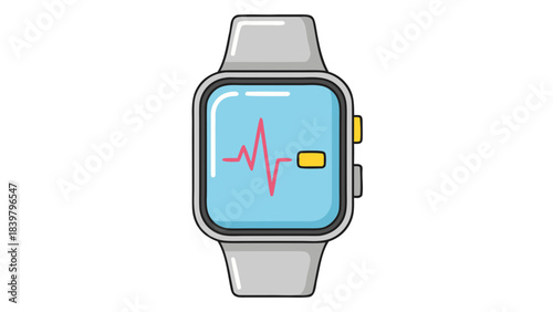 Modern Smartwatch Displaying Heart Rate Monitor Graphic on Blue Screen With Gray Band and Yellow Button Against Black Background Clean Digital Technology