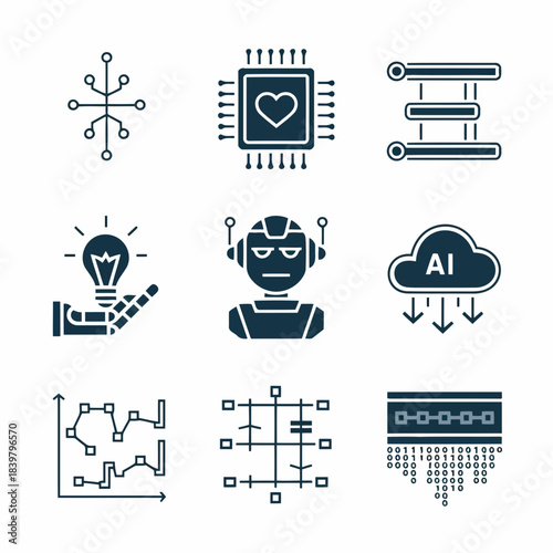 Collection of icons representing artificial intelligence, technology, and data processing concepts