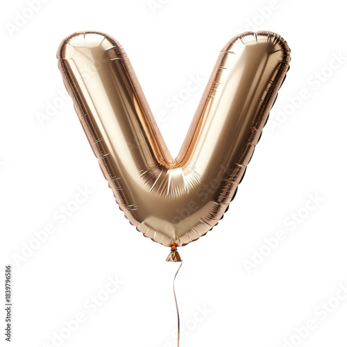 Joyful gold foil balloon letter V alphabet for celebratory party. Shiny golden font isolated on transparent background for design