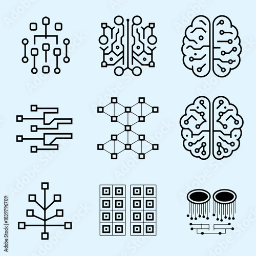 Abstract vector icons representing artificial intelligence, neural networks, and digital technology concepts