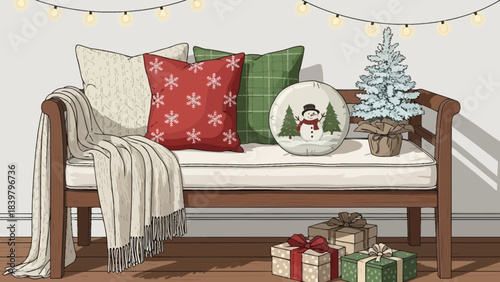 Cozy Christmas Bench: A festive scene, showcasing a warmly decorated bench, complete with plush pillows, a soft throw, and a miniature Christmas tree.