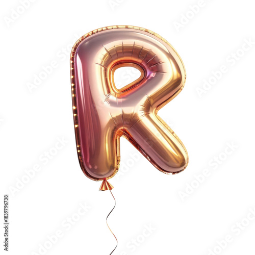 Cheerful rose gold balloon letter R from alphabet font for party celebration. Shiny foil typography isolated for festive fun