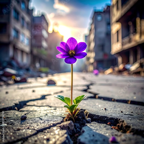 Purple flower blooming amid urban destruction, hopeful dawn