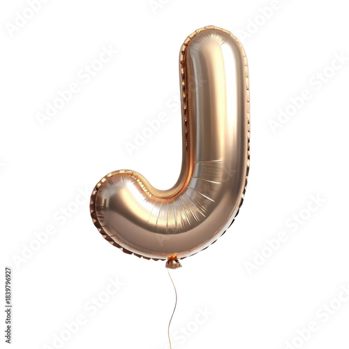 Joyful rose gold letter J foil balloon for party celebration. Shiny metallic alphabet character for festive event or decoration
