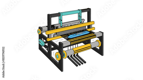 Modern Industrial Loom Machine with Teal Yellow and Gray Accents Detailed Textile Manufacturing Equipment on Black Background Abstract Geometric Design