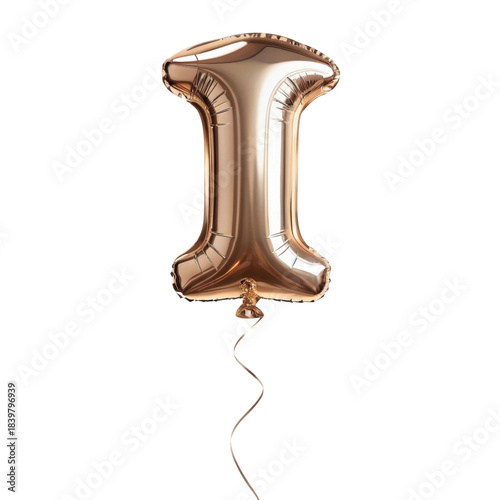Shiny rose gold letter I balloon for joyous celebration. Inflatable foil alphabet party decoration font isolated on background