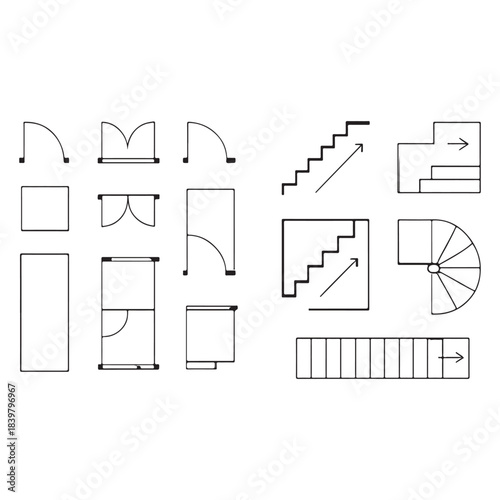 Doors, stairs for floor plan top view. Architectural elements set for apartment scheme. vector 
