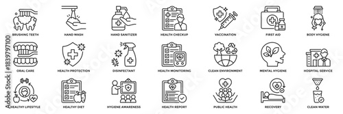 Health and hygiene icon collection set. Containing health protection, sanitizer, disinfectant, hand wash, brushing teeth, health checkup, body hygiene icon. line style vector illustration.