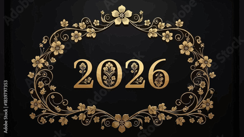 Elegant Floral Invitation 2026: A stunning design of the year 2026 is elegantly framed by a golden floral ornament, symbolizing the start of new journeys and fresh beginnings. 