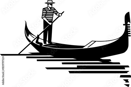 Gondolier steering gondola through water boat
