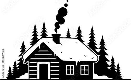 Black and white illustration of a snow covered cabin with smoke coming from the chimney surrounded by pine trees
