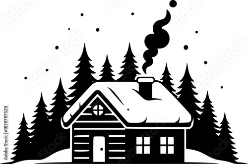 Black and white illustration of a snow covered cabin with smoke coming from the chimney surrounded by pine trees
