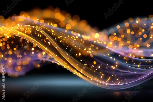Golden Light Waves with Floating Particles on Dark Background image photo