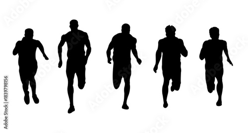 Silhouette of runners showing group of athletes running together on white background. Running silhouette displays group of people training and racing, exercising for fitness and health