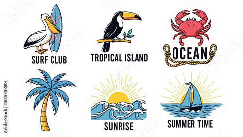 Vintage Tropical Summer Beach and Ocean Themed Vector Icons Set