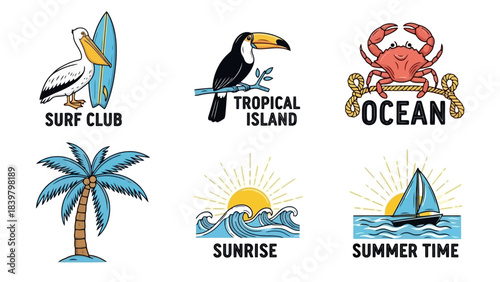 Vintage Tropical Summer Vibes: Surf, Ocean, Island, Sunrise, Sailboat Icons