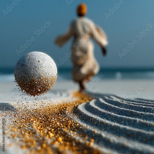 Levitating Sphere on Beach with Person Walking Away ball floating