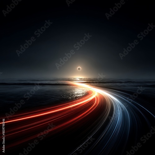 Light Trails Leading To A Bright Circle Over The Ocean At Night blue white