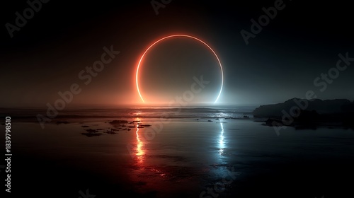 Neon Ring Over Calm Ocean Water at Dusk with Reflections circle glowing