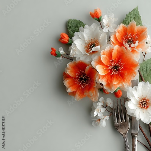 Orange and white flowers with green leaves and silverware on a light surface Keywords: flowers