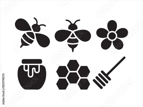 Bee icons set, Line art close up bee and honeycomb icon set with honey jar beehive flower and save the bees badge stamp collection of vector