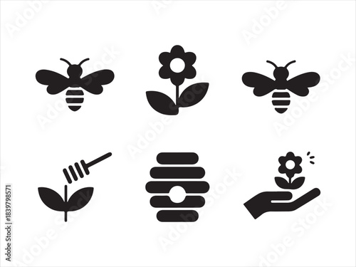 Bee icons set, Line art close up bee and honeycomb icon set with honey jar beehive flower and save the bees badge stamp collection of vector