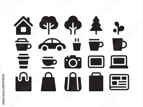 Black icons on white background for real urban life. Lifestyle and everyday objects line icon set. vector illustration