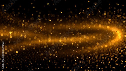 Sparkling golden particle trail flowing through a dark background in a cinematic abstract animation, creating a magical stream of glowing glitter dust ideal for luxury award concepts.