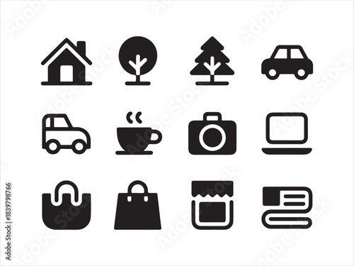 Black icons on white background for real urban life. Lifestyle and everyday objects line icon set. vector illustration