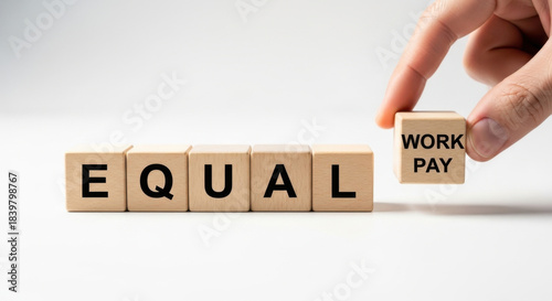 Message equal work pay constructed with wooden blocks over white background, arranged dices show fair workplace related message