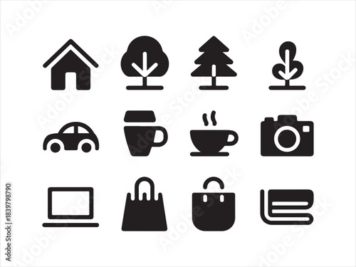Black icons on white background for real urban life. Lifestyle and everyday objects line icon set. vector illustration