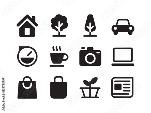 Black icons on white background for real urban life. Lifestyle and everyday objects line icon set. vector illustration