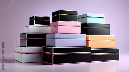 Stack of Assorted Rectangular Gift Boxes in Pastel Colors and Black present packaging