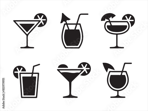 A collection of various drink and cocktail glasses in a minimalist black and white  silhouette vector style