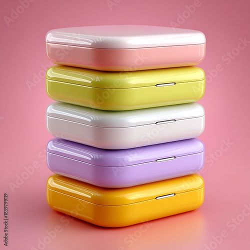 Stack of Five Pastel Colored Rectangular Cases on Pink Background boxes containers