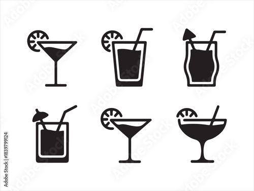A collection of various drink and cocktail glasses in a minimalist black and white  silhouette vector style