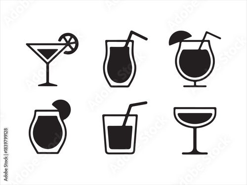 A collection of various drink and cocktail glasses in a minimalist black and white  silhouette vector style