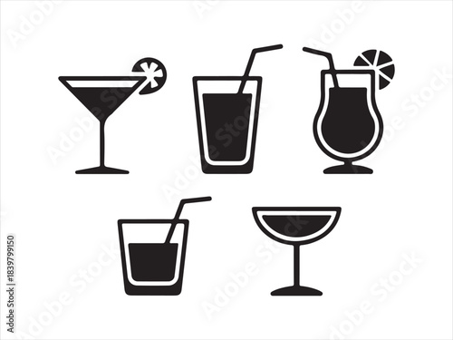 A collection of various drink and cocktail glasses in a minimalist black and white  silhouette vector style