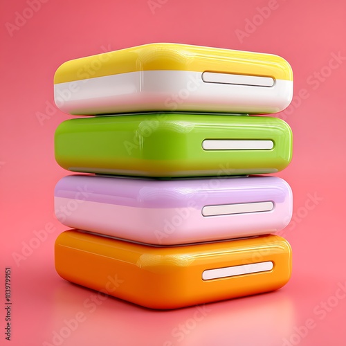 Stack of Four Colorful Rectangular Cases on Pink Background boxes containers