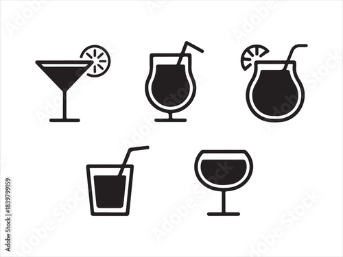 A collection of various drink and cocktail glasses in a minimalist black and white  silhouette vector style