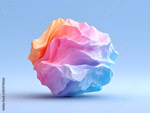 Colorful fantasy paper layers painted in shades of pink and blue, paper ball-shaped twist, a crumpled piece of paper, blue background