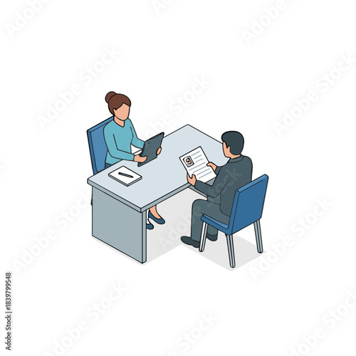 Male candidate in suit holding resume for job interview with female interviewer in office with light blue chairs and grey desk during daytime