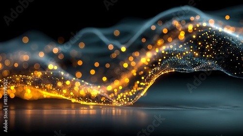 Wavy abstract light form with glowing particles and bokeh image photo