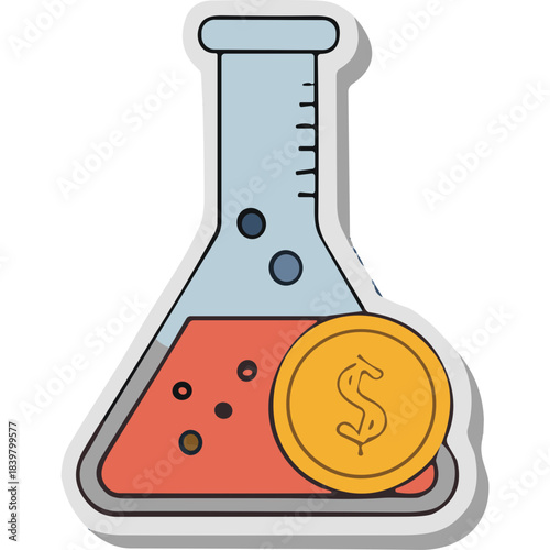 Laboratory Flask Containing Red Liquid With A Gold Coin Featuring A Dollar Sign On Its Side Against A White Background With Shadow Effect