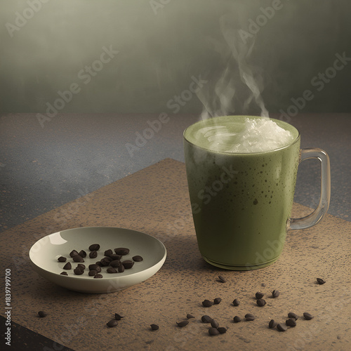 A warm cup of matcha latte with beautiful latte art, placed on a cozy breakfast table featuring toast, pastries, and a glass of orange juice.
