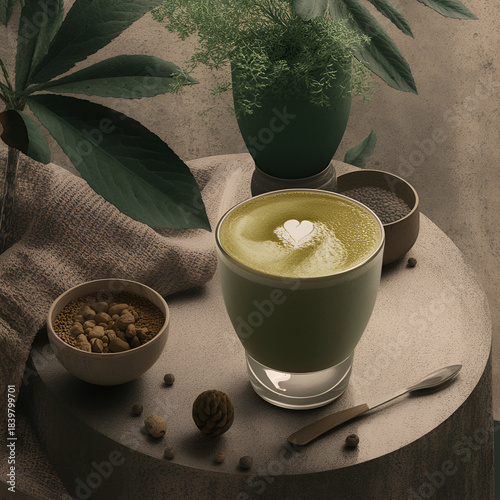 A warm cup of matcha latte with beautiful latte art, placed on a cozy breakfast table featuring toast, pastries, and a glass of orange juice.