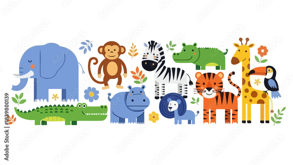 Fototapeta premium Collection of Cute Cartoon Safari Animals and Tropical Birds in a Vibrant and Playful Style
